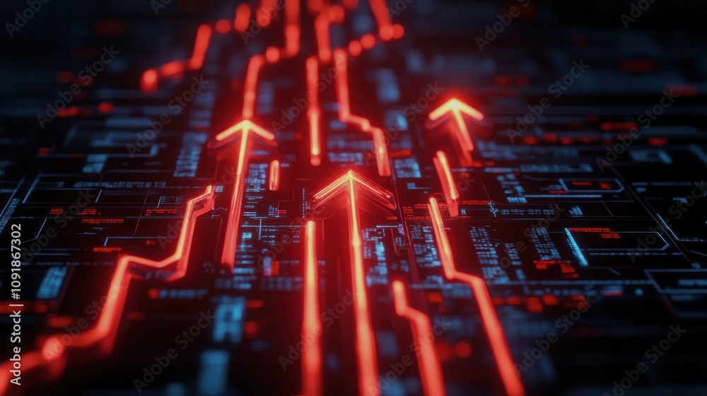 Poster A digital representation of upward trends, featuring red arrows on a dark, circuit-like background, symbolizing growth and technological advancement.