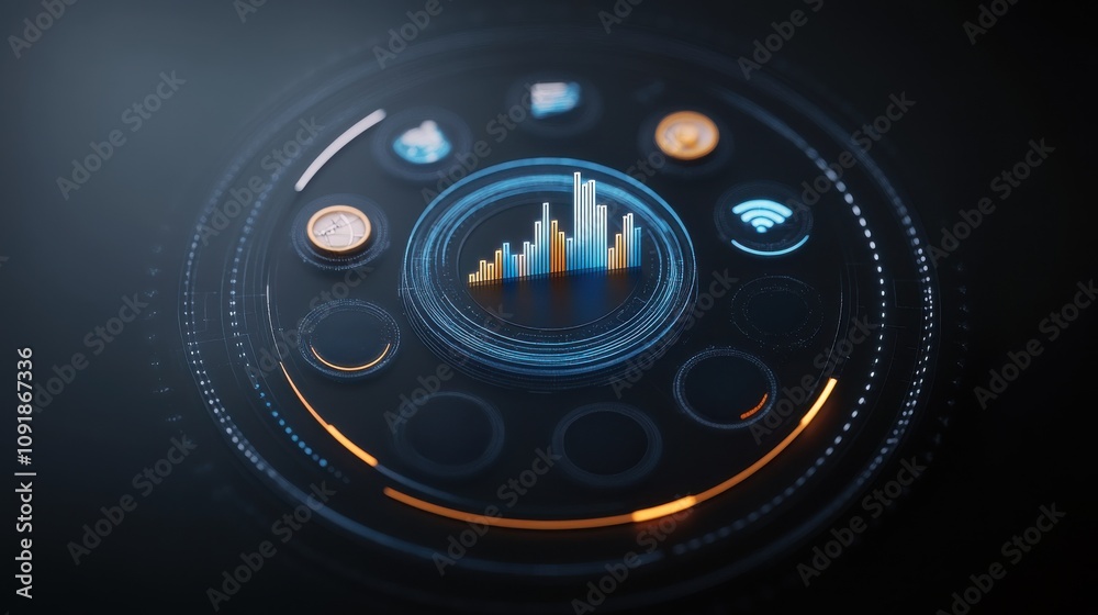 Fototapete a futuristic user interface showcasing sound levels, connectivity icons, and data visualization elem