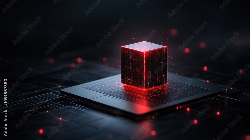 Aufkleber a glowing red cube sits on a dark, high-tech platform, surrounded by digital particles, evoking them