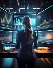 A professional investor observes a financial dashboard on several monitors