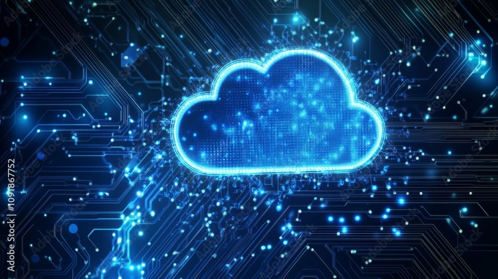 Aufkleber A glowing blue cloud symbol is positioned at the center, surrounded by a network of digital circuits and luminous particles, giving a sense of connectivity and modern technology in the digital realm.