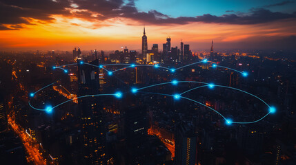Fototapeta premium Smart digital Innovation Business skyscrapers in the Financial District with connection network reciprocity over the cityscape. of future smart wireless digital city and social media networking
