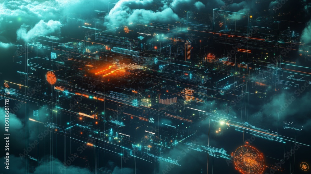 Aufkleber A digital city composed of bright blue and red lines and squares floating in the air. White clouds pass over the city.