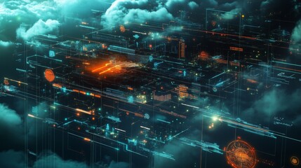 A digital city composed of bright blue and red lines and squares floating in the air. White clouds pass over the city.