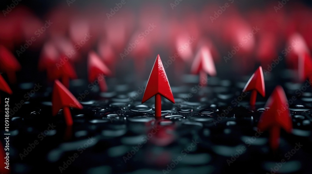 Poster A close-up view of numerous red arrows rising from a dark, reflective surface, creating a striking contrast and a sense of depth.