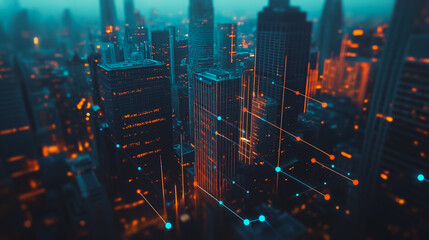 Obraz premium Smart digital Innovation Business skyscrapers in the Financial District with connection network reciprocity over the cityscape. of future smart wireless digital city and social media networking
