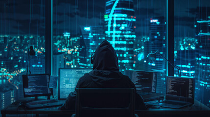 A hooded figure of a hacker sits in a dimly lit room, surrounded by computer screens displaying code and data. The city skyline is visible through the window, creating a sense of isolation and focus. 