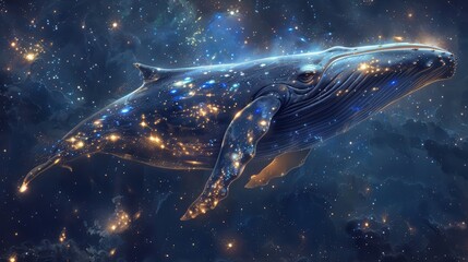 Fototapeta premium A cosmic whale swims through a star-filled galaxy, blending marine life with the mysteries of the universe, Ideal for projects about space, ecology, or the interconnectedness of life and cosmos,