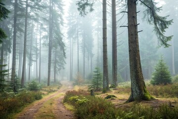 Fototapeta premium Watercolor background of a peaceful forest with tall trees and a misty atmosphere, tree line, forest floor, foliage