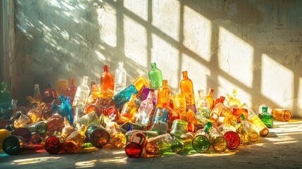 Fototapeta premium Artistic Arrangement of Colorful Glass Bottles Bathed in Sunlight, Creating a Vibrant and Cheerful Atmosphere in a Studio Setting