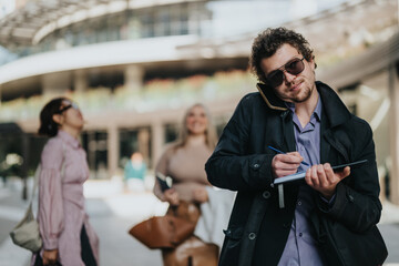 A businessman juggles a phone call and note-taking in a bustling city setting. He displays intense...