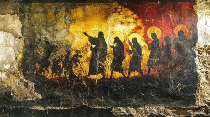 Early Christian Mural Depicting the Harrowing of Hell with Jesus Surrounded by Figures in a Dramatic Scene of Redemption and Hope, Showcasing Rich Colors and Historical Significance