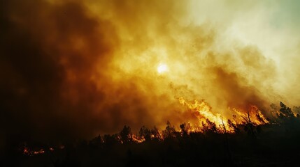 High-Quality Stock Photo of Intense Forest Fire with Smoke and Flames Illuminating the Sky at Sunset, Capturing the Devastation of Nature's Wildfires