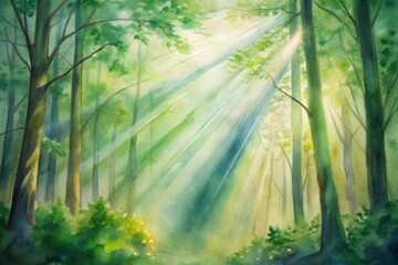 Obraz premium Serene light filtering through lush greenery in a tranquil forest during morning hours