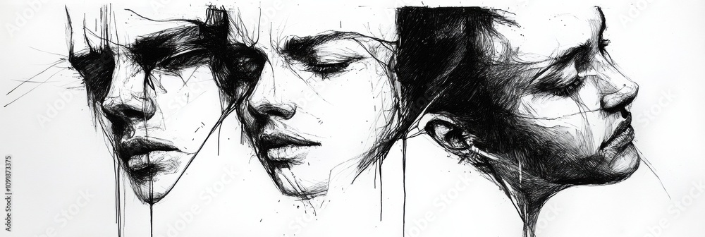 Fototapete three faces captured in black and white ink, revealing deep emotions through intricate shadows and e
