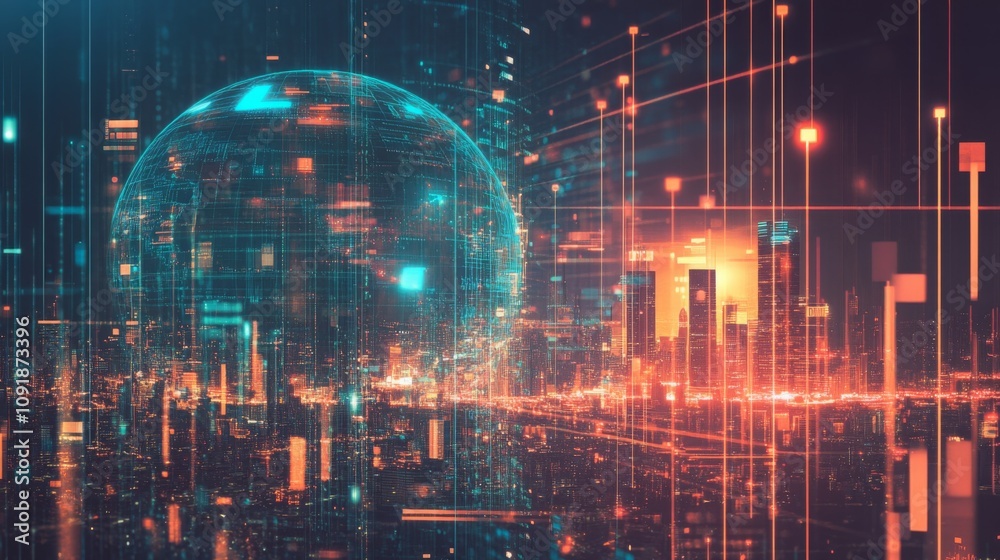 Poster A captivating digital artwork displaying a futuristic city skyline illuminated by bright data streams. The glowing orb and colorful lights create a dynamic atmosphere as dusk settles in.