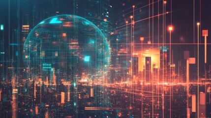 Obraz premium A captivating digital artwork displaying a futuristic city skyline illuminated by bright data streams. The glowing orb and colorful lights create a dynamic atmosphere as dusk settles in.