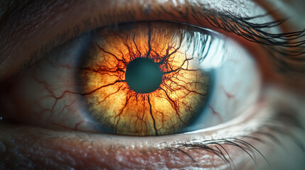 Glaucoma. A close-up of an eye displaying vibrant colors and intricate patterns, showcasing details of the iris and blood vessels.