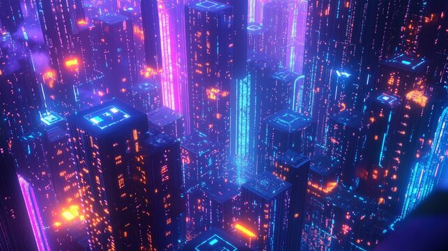 A futuristic blockchain landscape features glowing nodes and floating transaction blocks in vibrant colors.
