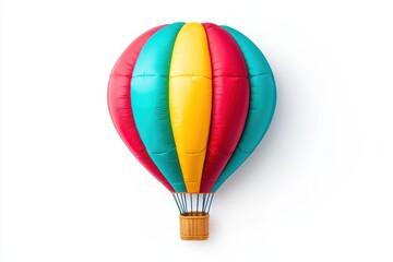 Naklejka premium A colorful hot air balloon with red, teal, and yellow stripes, isolated on a white background, symbolizing adventure and freedom.