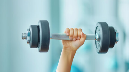 Fototapeta premium Female hand grips a dumbbell from the weights shelf, showcasing strength training and dedication in the gym.