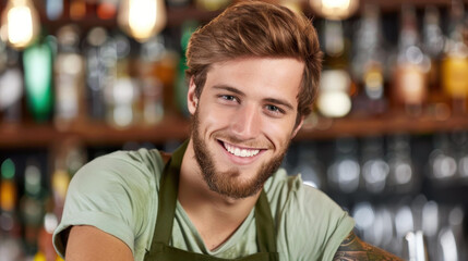 Fototapeta premium A cheerful bartender with tattoos, showcasing a warm atmosphere at a welcoming bar, embodies the essence of hospitality.