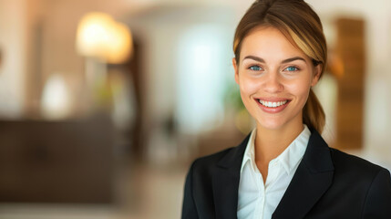 Fototapeta premium A cheerful woman in a suit stands at a hotel reception, exuding warmth and professionalism in a cozy atmosphere.