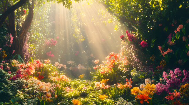 Vibrant Spring/Summer Scene with Sunset Coral Flowers and Sunlight in Lush Greenery for Joyful Living