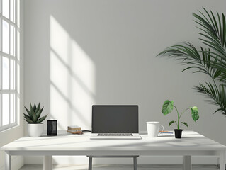 Office Deck and Office table hero image,&nbsp;Home office workspace mockup with laptop, clipboard, coffee cup. Office table top view hero image