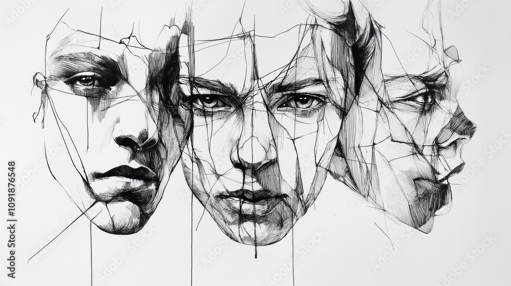 Poster Three black and white ink portraits reveal complex emotions with strong shadows and intricate linework, emphasizing the nuances of facial expressions. Generative AI