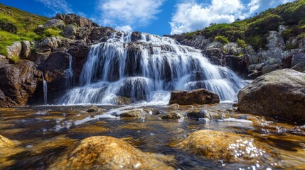 Serene waterfall cascading over rocks into a clear pool.