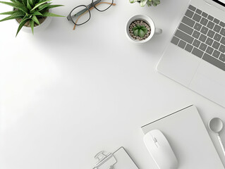 Office Deck and Office table hero image, Home office workspace mockup with laptop, clipboard, coffee cup. Office table top view hero image
