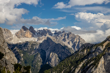 Dolomite mountains scenic landscape of towering rocky peaks in the Alps. High walls in the Alps...