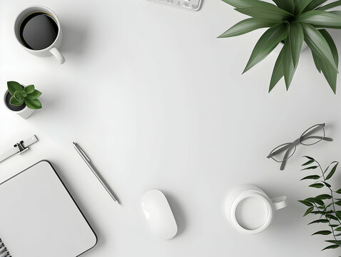 Office Deck and Office table hero image,&nbsp;Home office workspace mockup with laptop, clipboard, coffee cup. Office table top view hero image