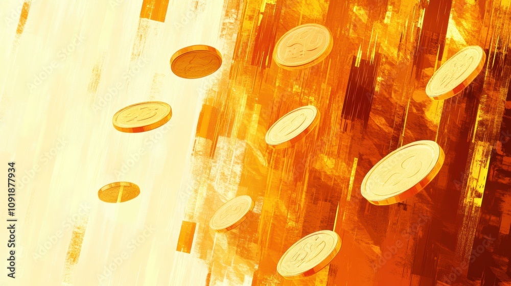 Poster abstract visualization presents falling coins and price tags, emphasizing themes of value and commer