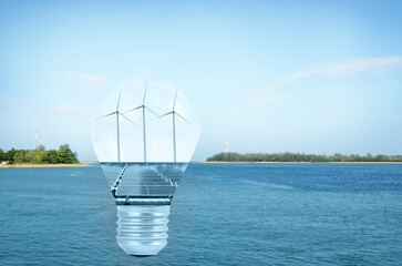 Hybrid plants that combine wave, wind and solar power and icon on natural background. concept.