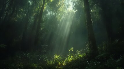 Obraz premium Sunbeams pierce dense rainforest canopy.
