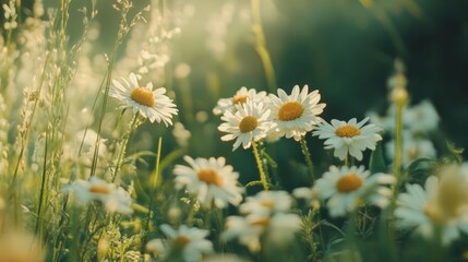 Sunlit field of daisies in soft focus.