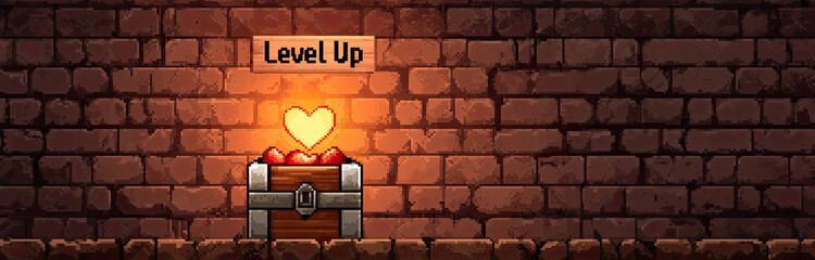 Video game pixel concept. The image features a treasure chest with a glowing heart, set against a brick wall, labeled "Level Up," symbolizing game progression and rewards.