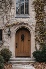 Obraz premium An elegant front door with an arched wooden frame. On the left side, there is ivy growing up and down the wall of a stone house. On the right side, there are leaves from a tree at ground level.