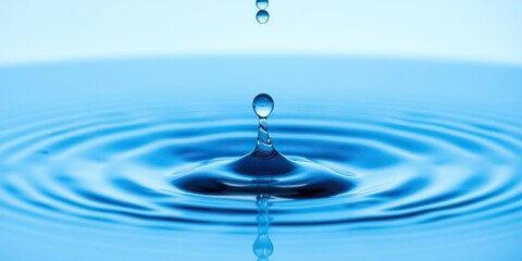 A blue water drop falls from a height in slow motion, creating a ripple effect as it hits the surface below, droplet, movement