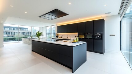 Modern Open Plan Kitchen with Seamless Island Design and Black Cabinetry