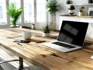 Fototapeta premium Office Deck and Office table hero image,&nbsp;Home office workspace mockup with laptop, clipboard, coffee cup. Office table top view hero image