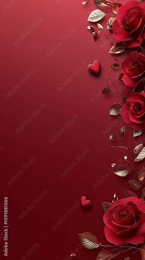 Fototapete deep red valentine's day scene with faint outlines of roses and kisses around the border, leaving a 