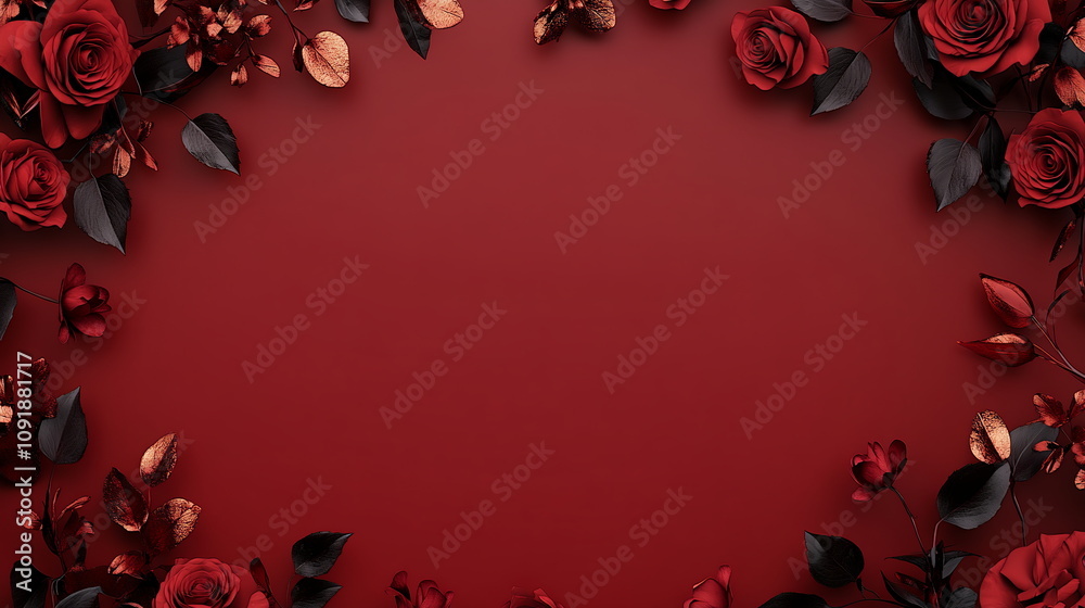Fototapete deep red valentine's day scene with faint outlines of roses and kisses around the border, leaving a 