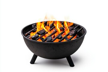 A black charcoal grill with vibrant flames, ideal for outdoor cooking, showcasing a modern design and efficient heat distribution.