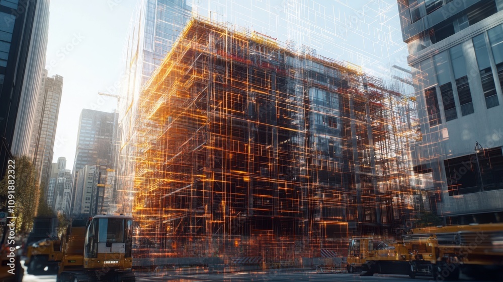 Aufkleber A multi-story building under construction is depicted in a city setting during daytime.