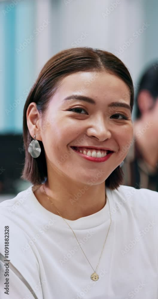 Aufkleber Office, computer center and face of Asian woman at company for website, research and networking. Creative, startup and portrait of Japanese person on tech for software, programming and web design