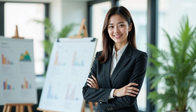 Confident businesswoman in a black suit standing with arms crossed, smiling in a modern office environment with charts and green plants in the background.