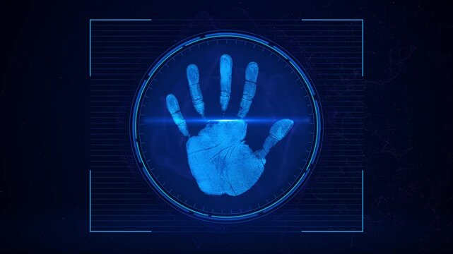 Biometric handprint reader scan Moving frame security and password control. Human identification and security control concept. authentication scanning payment and verification wireframe motion